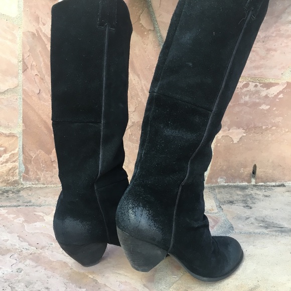 Black tall knee soft suede leather heeled slouchy - Picture 3 of 12